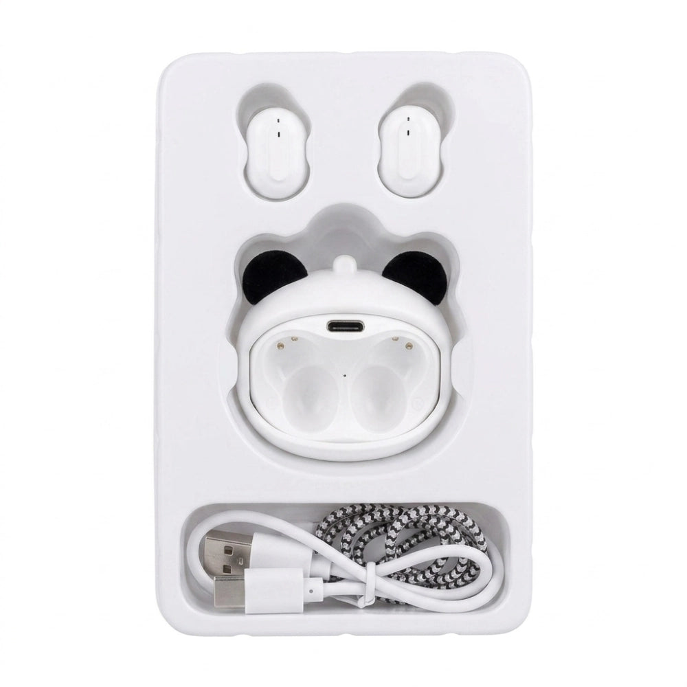 Salto Flipbuds Rolling Face Panda – interno confezione con custodia panda bianca, auricolari e cavo Type-C