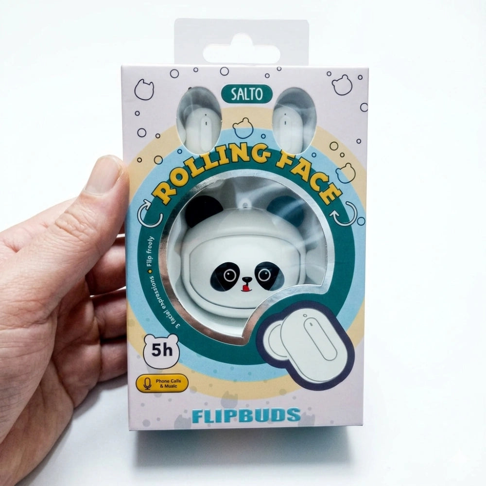 Salto Flipbuds Rolling Face Panda – retro packaging con istruzioni cambio espressione e compatibilità