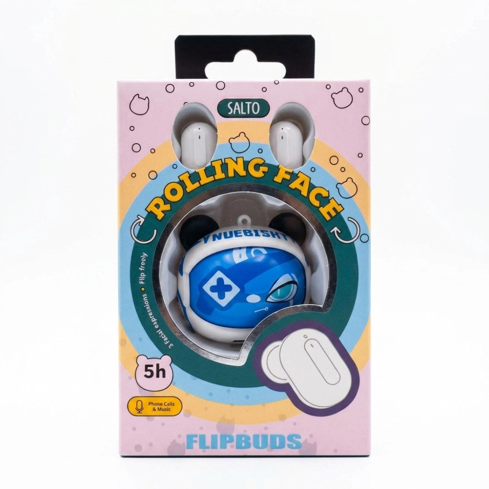 Salto Flipbuds Rolling Face Bibo Baby – packaging fronte con custodia blu espressione occhio affilato