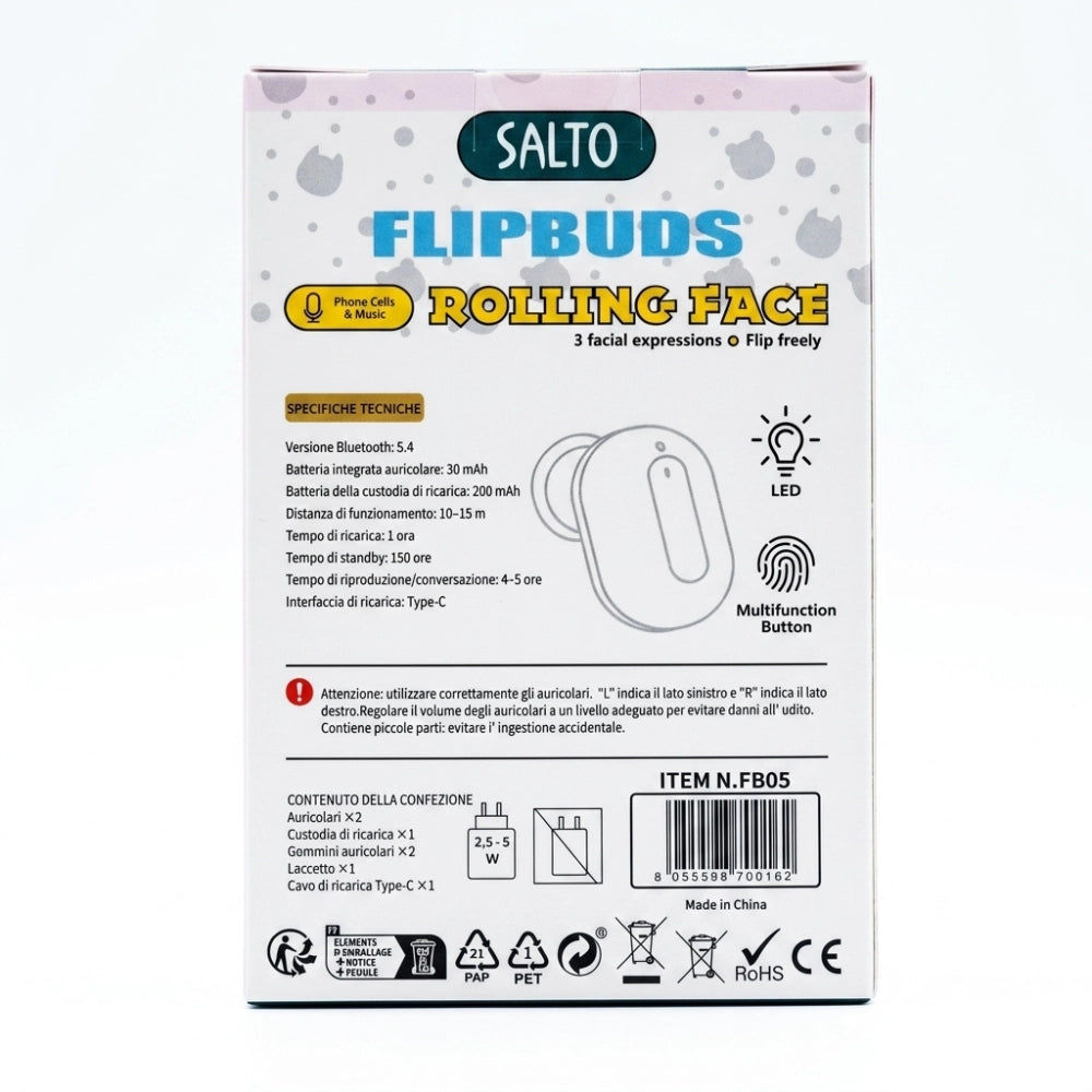 Salto Flipbuds Rolling Face Crash – retro confezione con specifiche tecniche