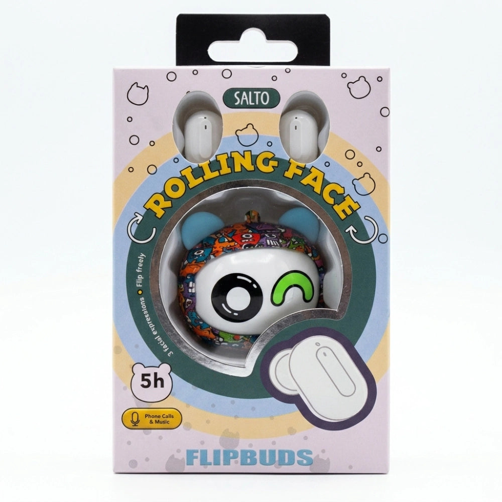 Salto Flipbuds Rolling Face Monster – custodia in mano con espressione XO rosa e blu