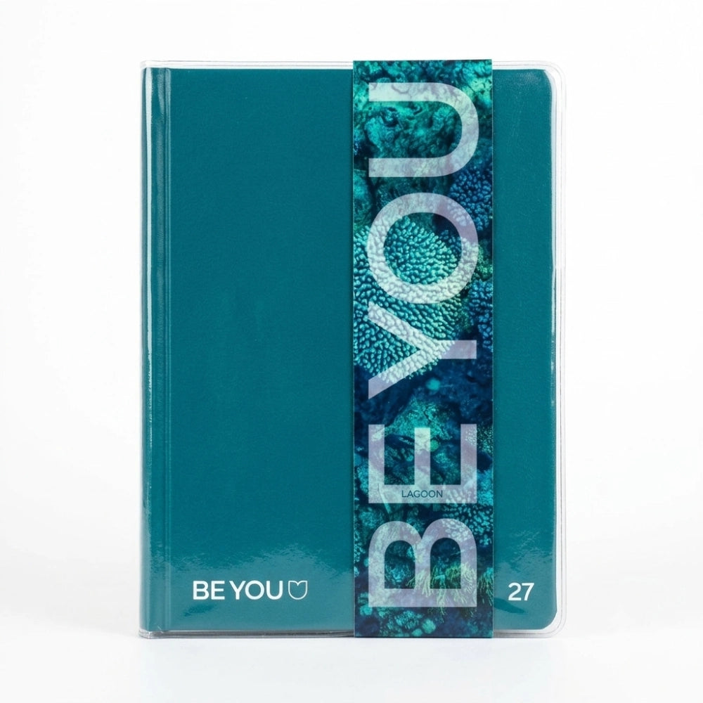 Diario Be You Lagoon 2026/2027 copertina rigida verde acqua con sovracopertina trasparente e fascetta grafica marina