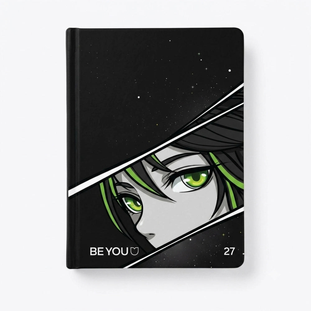 Diario Be You Asian Vibes Anime 2026/2027 copertina rigida nera stile manga con personaggio occhi verdi e capelli neri fluo