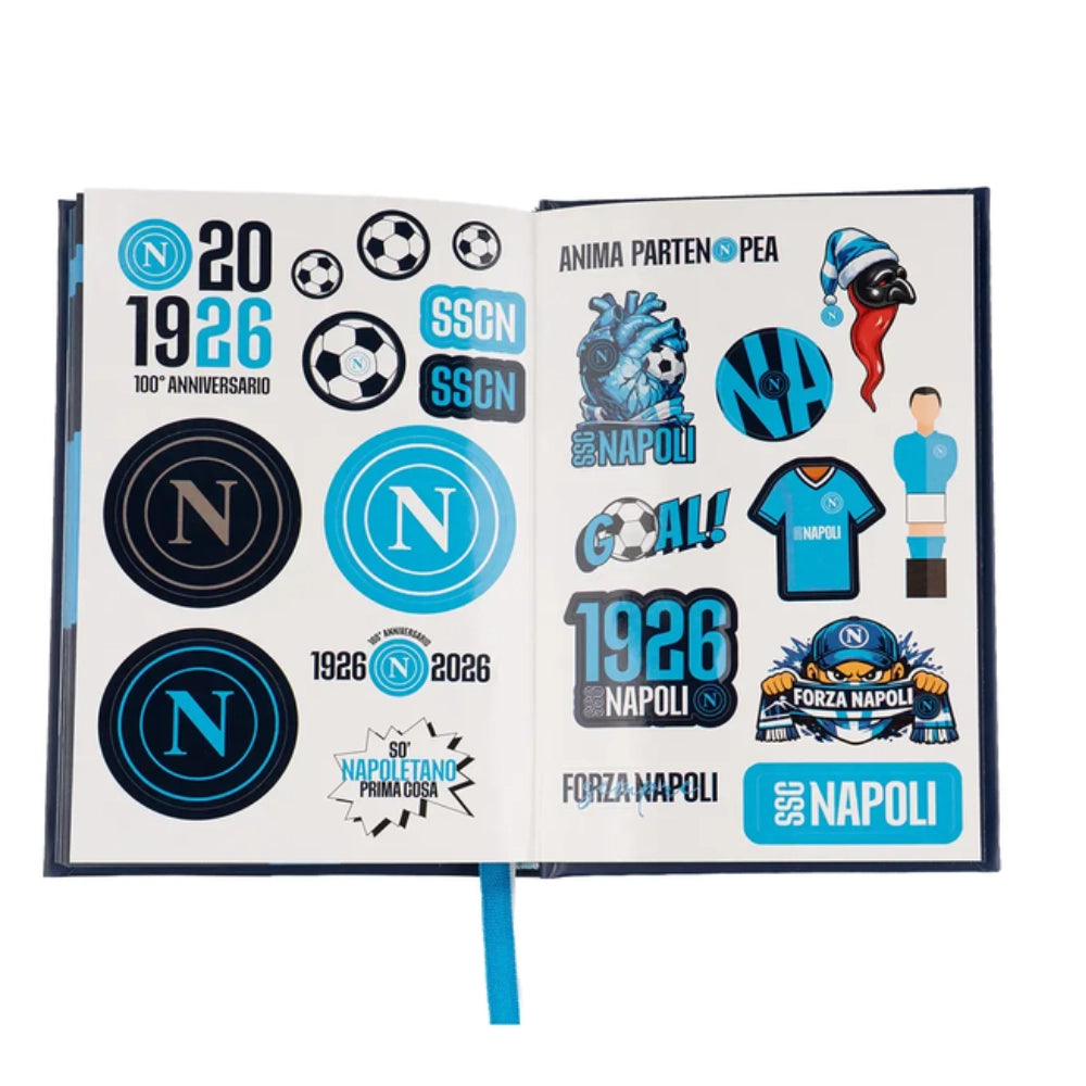 Diario scuola SSC Napoli 2026/2027 aperto pagine interne con grafica azzurra e segnalibro