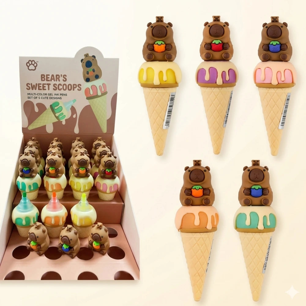 Set 5 Evidenziatori Capybara – Cono Gelato con Topper