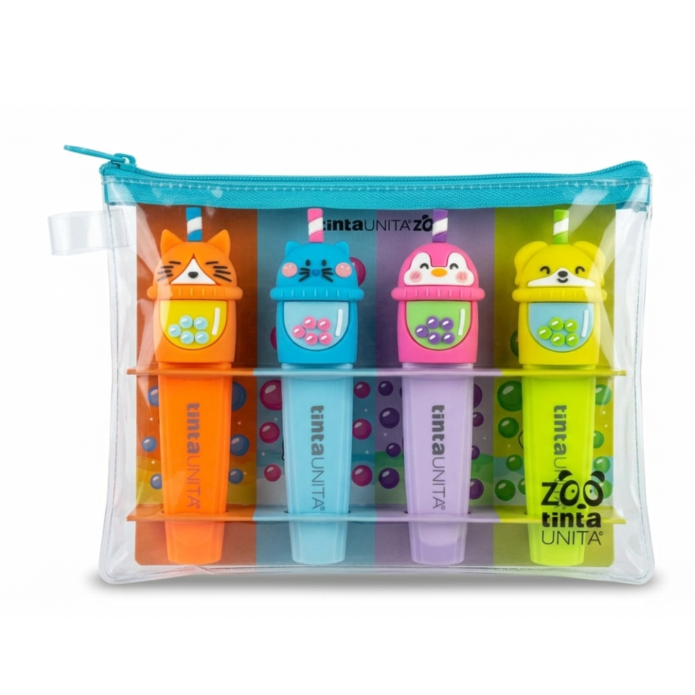 TintaUNITA Zoo Bubble Tea – Set 4 Evidenziatori Kawaii con Bustina