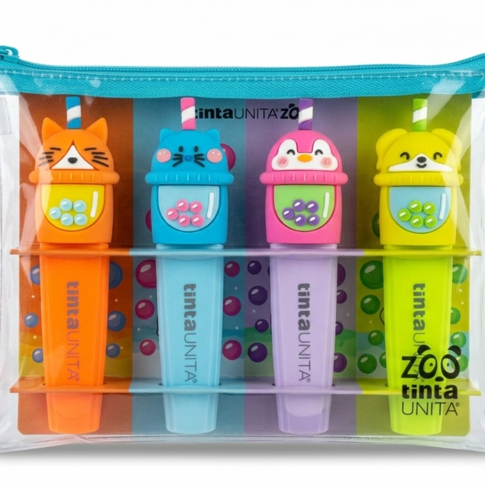 TintaUNITA Zoo Bubble Tea – Set 4 Evidenziatori Kawaii con Bustina