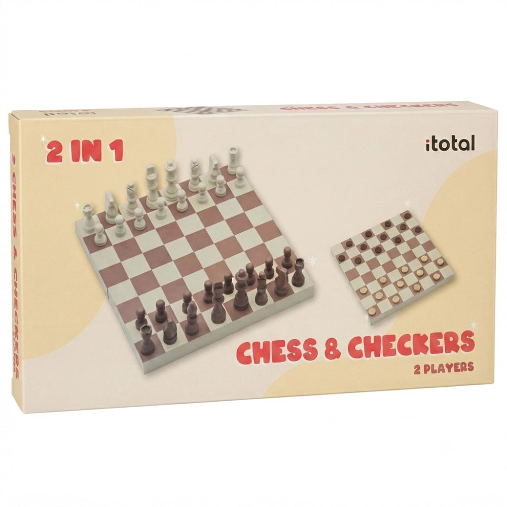 Set 2 in 1 Scacchi e Dama in Legno iTotal XL3181 – scacchiera con pezzi bianchi e marroni disposti