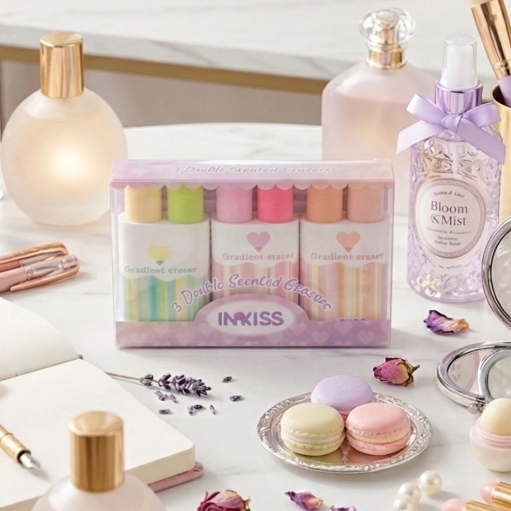 INKISS Set 6 Gomme Profumate Mandarino, Fragola e Mela Verde | Make-Up Your Desk