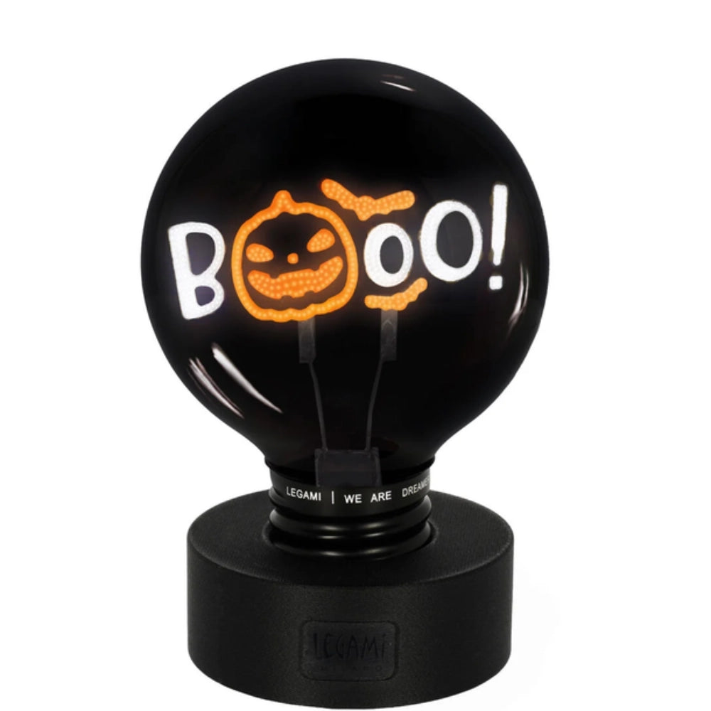 Lampada Halloween Legami Bulb Fiction XL con base nera e scritta luminosa BOOO arancione con zucca