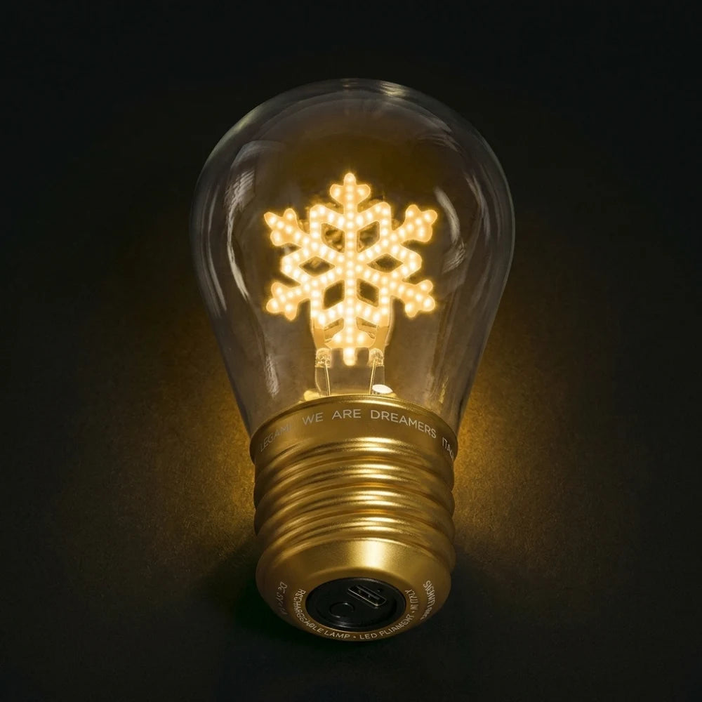 Lampada decorativa Legami a forma di lampadina con fiocco di neve luminoso e base dorata