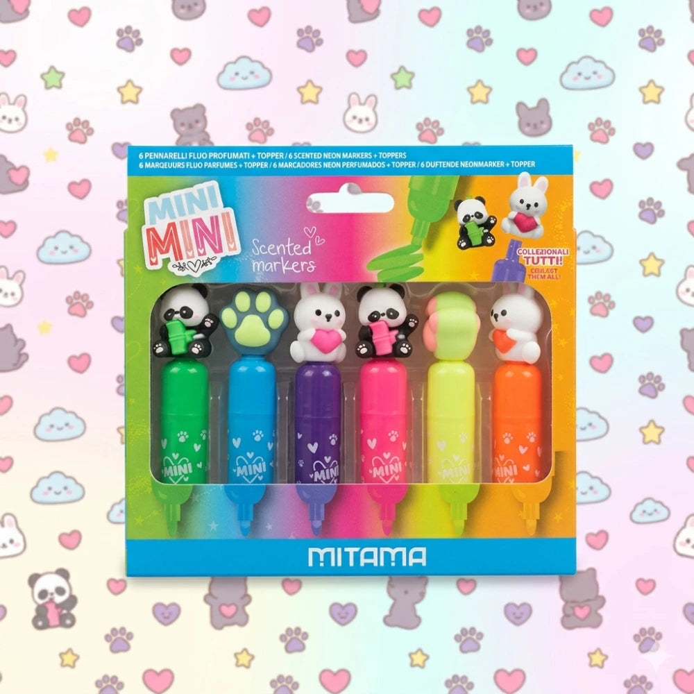 Mini Pennarelli Profumati Fluo Mitama — 6 Colori con Topper Kawaii