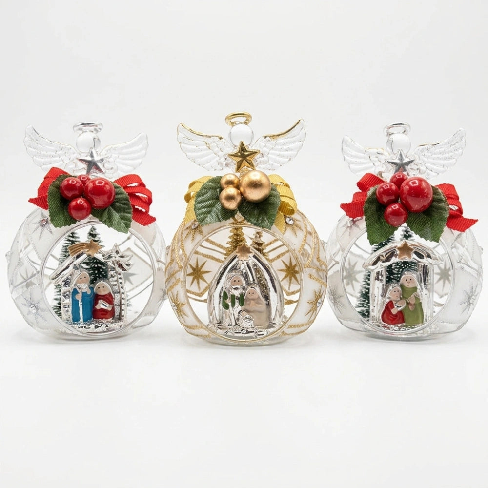 Sfera di Natale in vetro con presepe e angelo