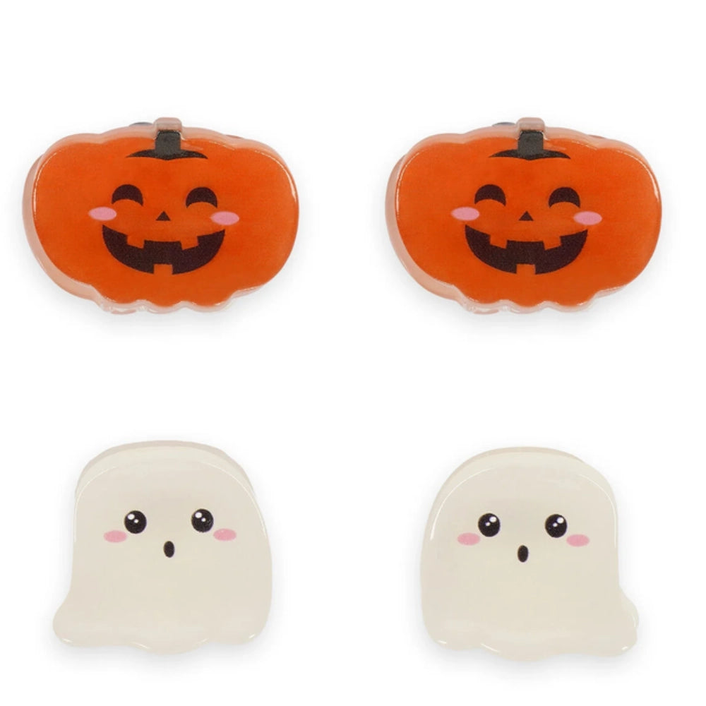 Legami mollettine Halloween – vista frontale 4 claw clip aperte: meccanismo trasparente con dentini e faccina kawaii