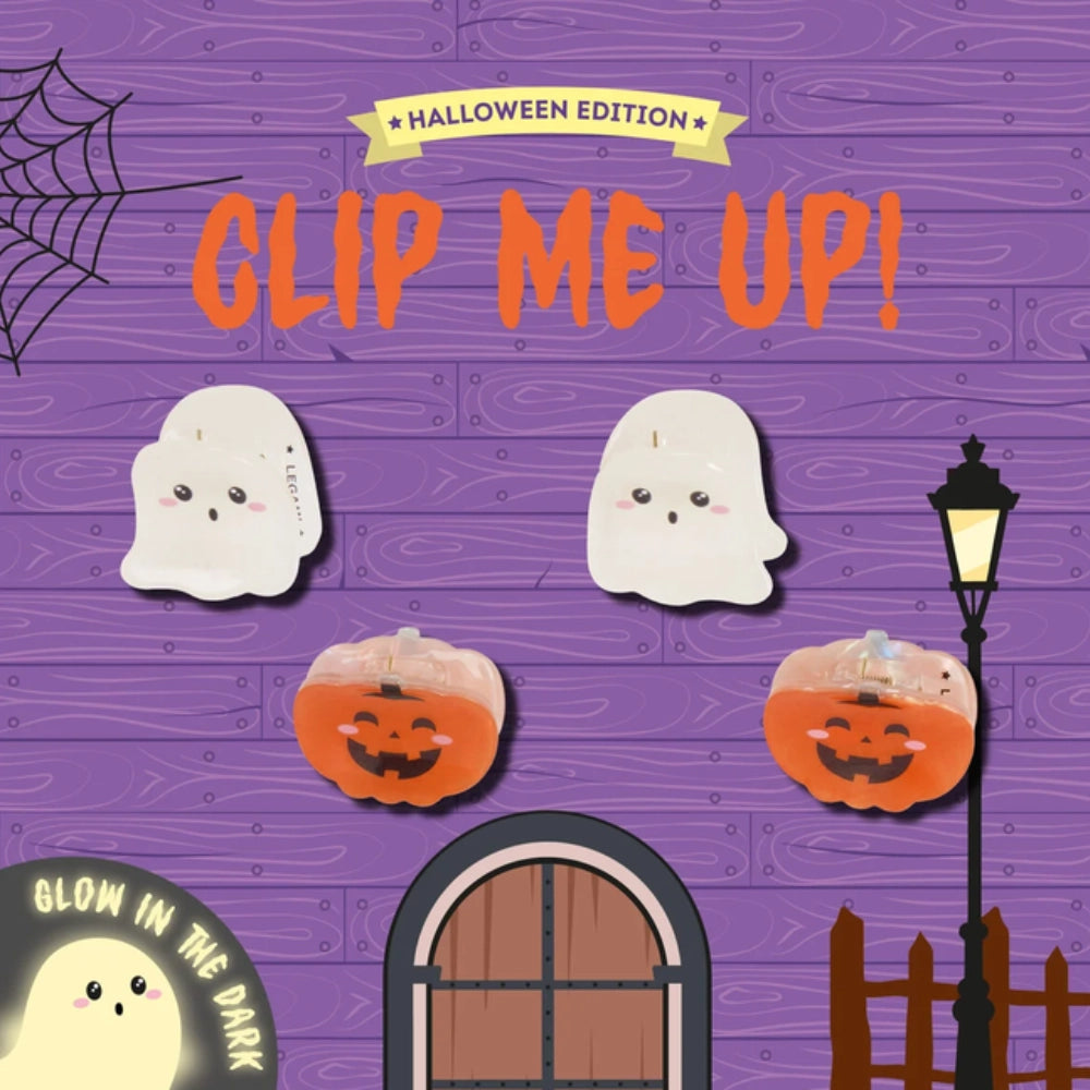 Legami Set 4 Mollettine Capelli Halloween – packaging casa stregata viola fronte con zucche e fantasmini nelle finestre