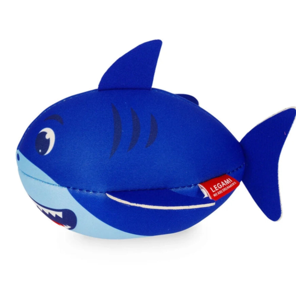 Legami Palla Galleggiante Shark vista laterale – forma squalo in neoprene blu con pinna dorsale