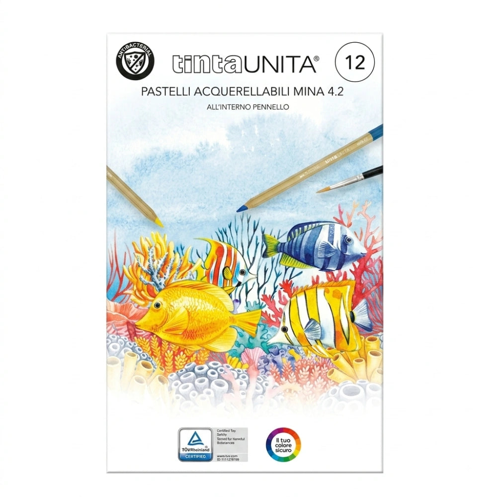 Pastelli acquerellabili TintaUNITA Mina 4.2 da 12 colori con pennello – copertina fondo marino