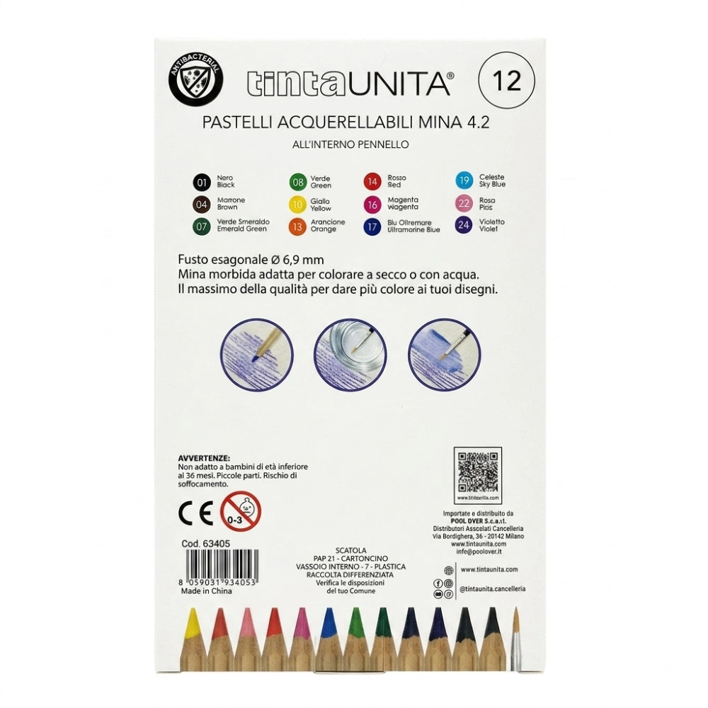 Retro confezione pastelli acquerellabili TintaUNITA 12 colori – tavola colori e specifiche tecniche