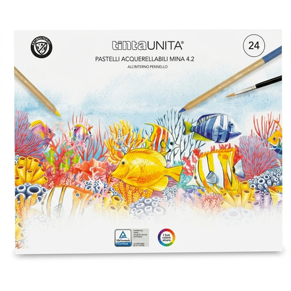Pastelli acquerellabili TintaUNITA Mina 4.2 da 24 colori con pennello – copertina fondo marino