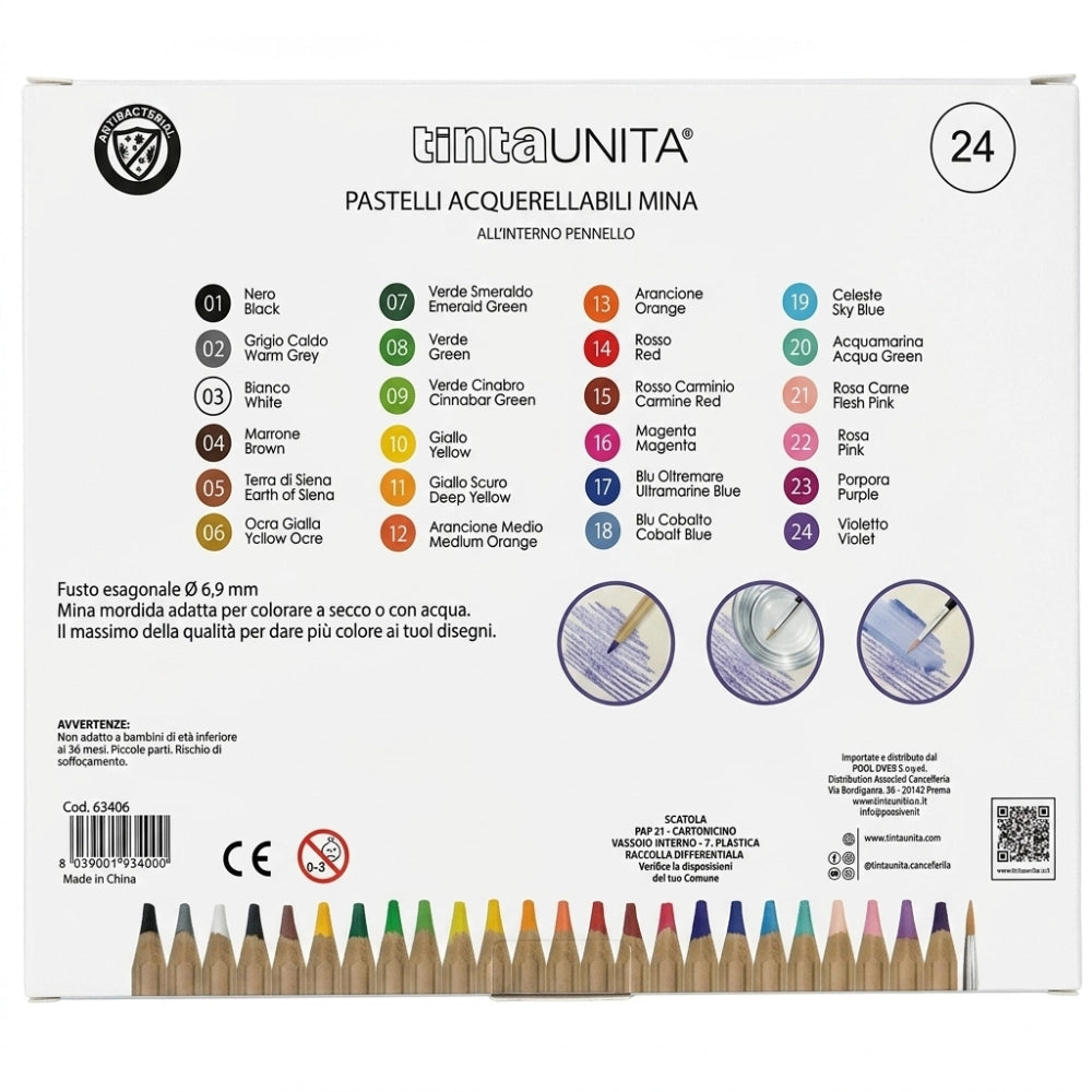 Retro confezione pastelli acquerellabili TintaUNITA 24 colori – tavola colori e specifiche tecniche