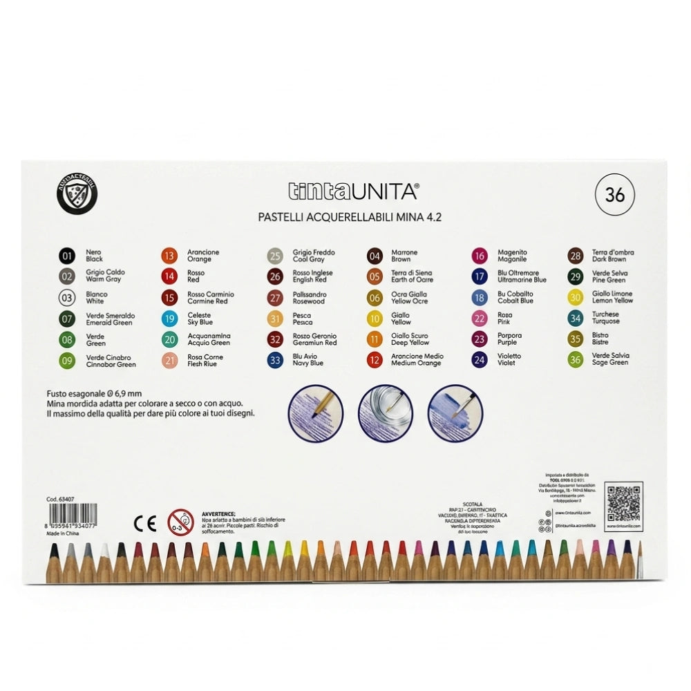Retro confezione pastelli acquerellabili TintaUNITA 36 colori – tavola 36 colori e specifiche tecniche