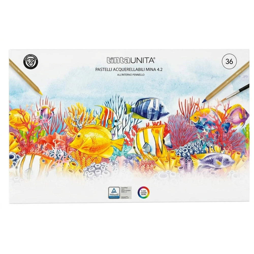 Pastelli acquerellabili TintaUNITA Mina 4.2 da 36 colori con pennello – copertina fondo marino panoramica