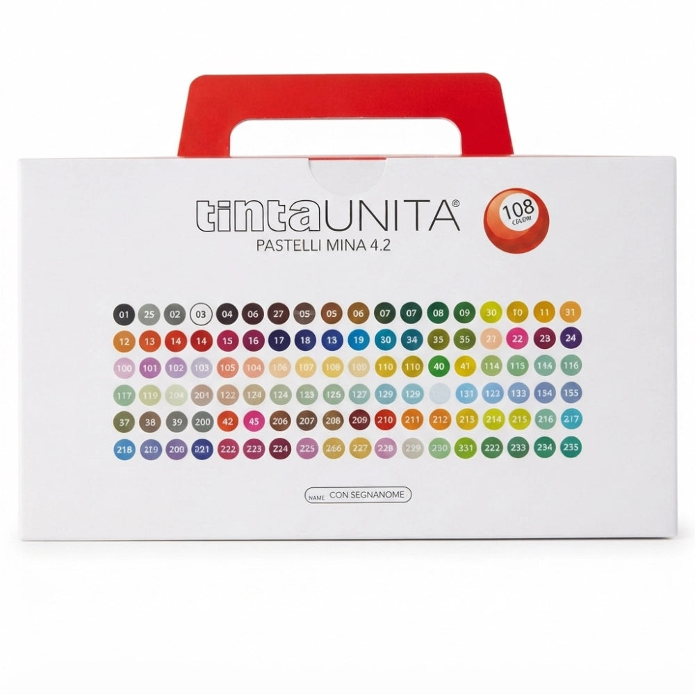 Retro valigetta 108 pastelli TintaUnita Skyline con palette 108 colori assortiti e segnanome