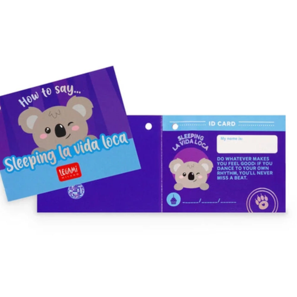 Carta di identità del peluche Koala Legami con messaggio Sleeping la vida loca!