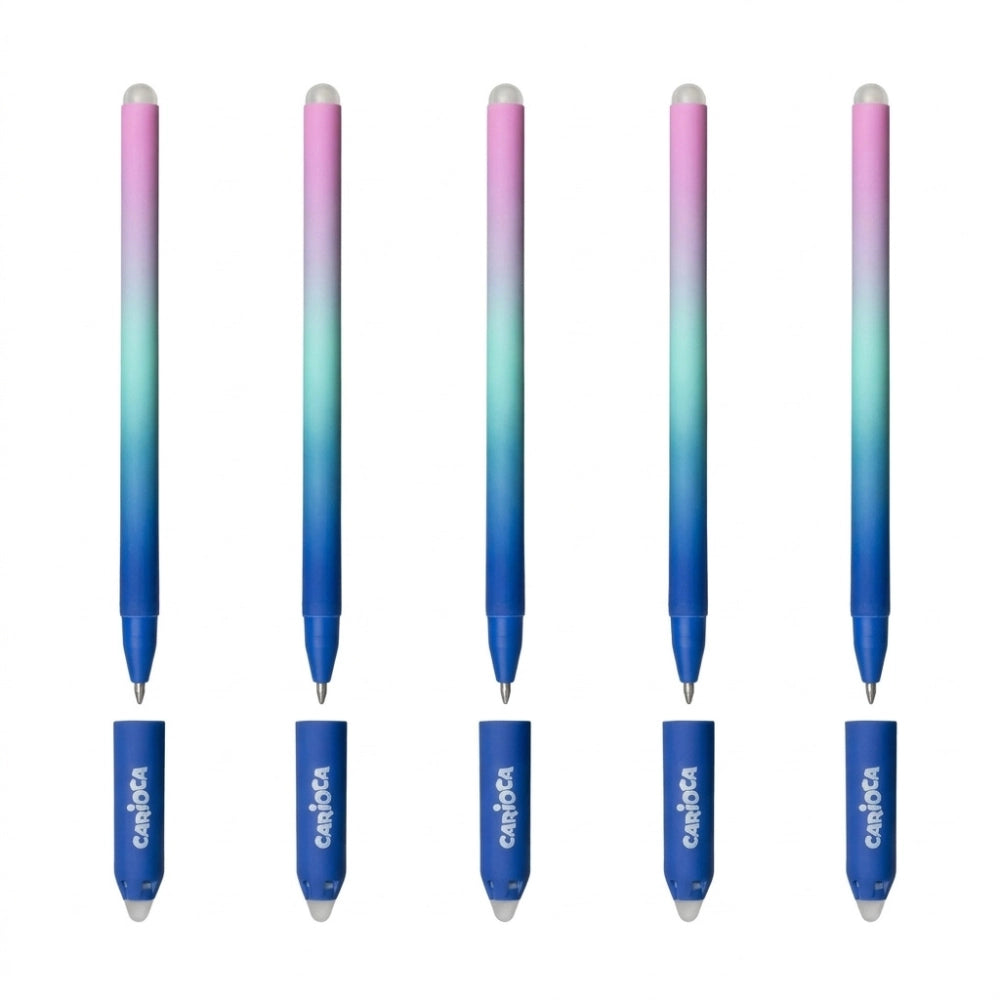Set di 5 penne cancellabili Carioca Easy blu con corpo sfumato e cappucci blu su sfondo bianco