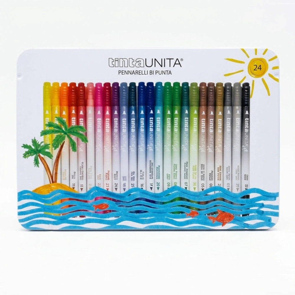 Pennarelli Brush Bi-Punta Tinta Unita in Scatola di Latta – Set 12, 18 e 24 Colori