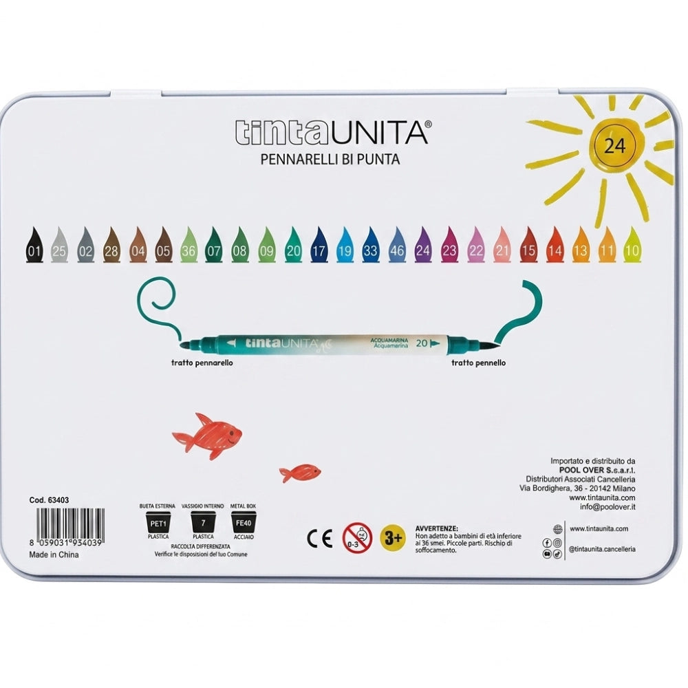 Pennarelli Brush Bi-Punta Tinta Unita in Scatola di Latta – Set 12, 18 e 24 Colori