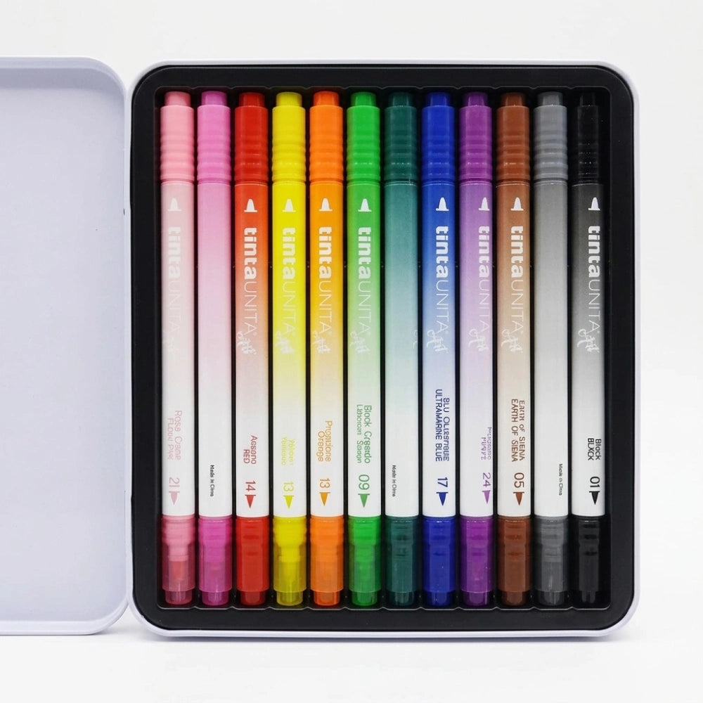 Pennarelli Brush Bi-Punta Tinta Unita in Scatola di Latta – Set 12, 18 e 24 Colori