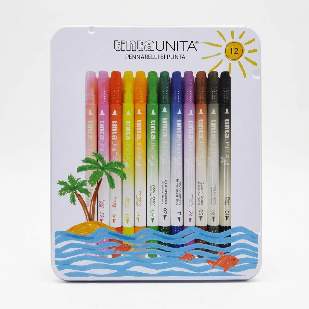 Pennarelli Brush Bi-Punta Tinta Unita in Scatola di Latta – Set 12, 18 e 24 Colori