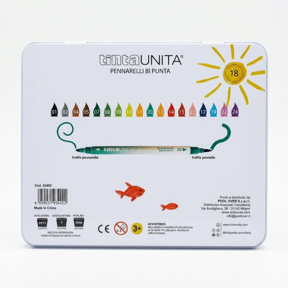 Pennarelli Brush Bi-Punta Tinta Unita in Scatola di Latta – Set 12, 18 e 24 Colori