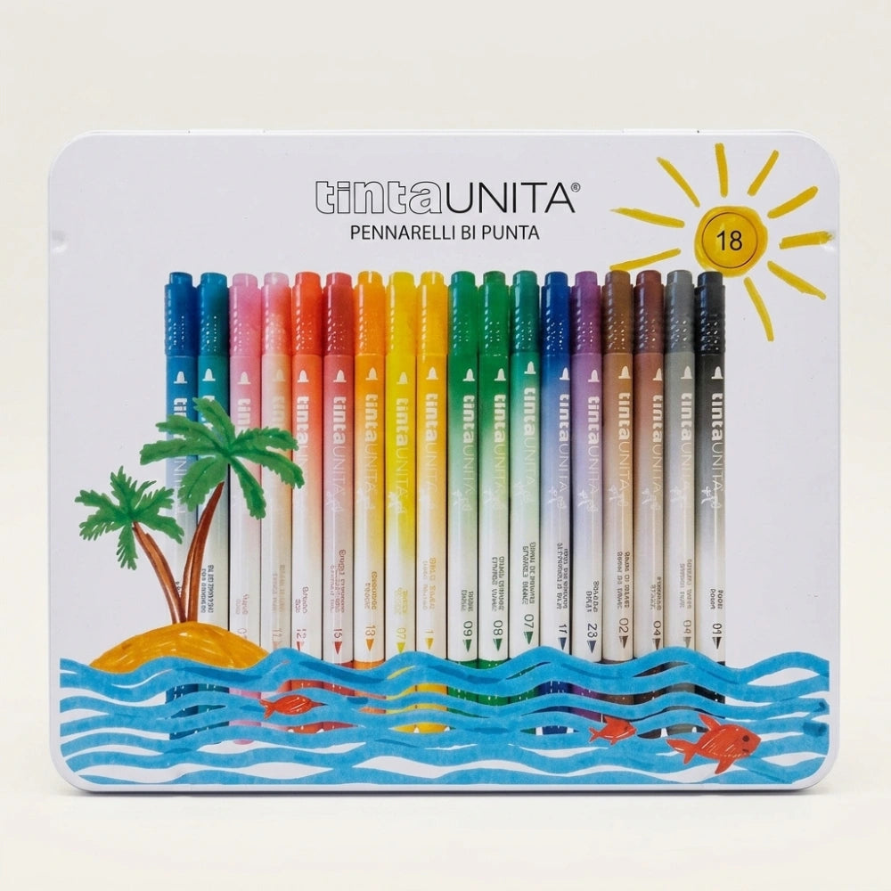 Pennarelli Brush Bi-Punta Tinta Unita in Scatola di Latta – Set 12, 18 e 24 Colori