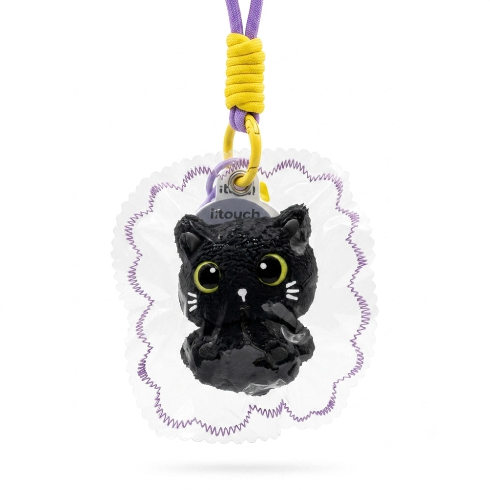 Portachiavi Squishy JellyPop I-Total Gattino Nero occhi verdi con cordino viola e giallo