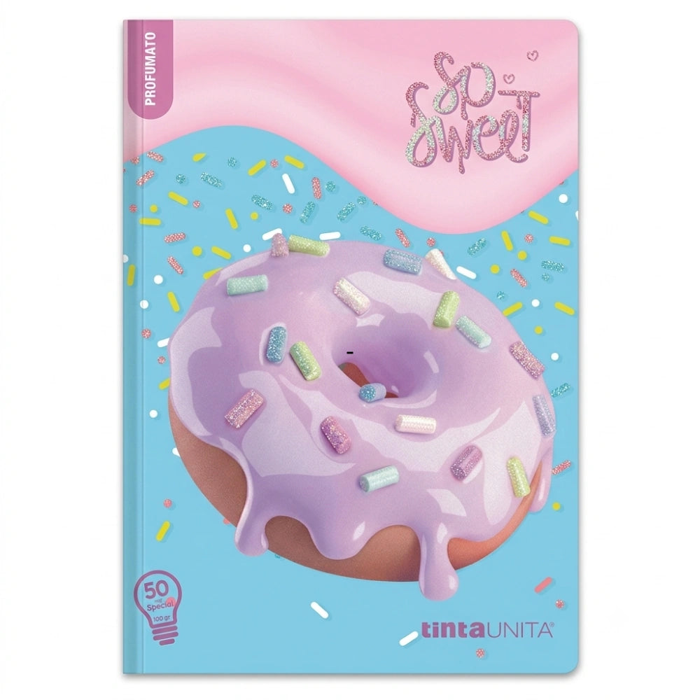 Quaderno profumato TintaUNITA copertina Raspberry — glitter in rilievo, rigatura Q 5mm con margine