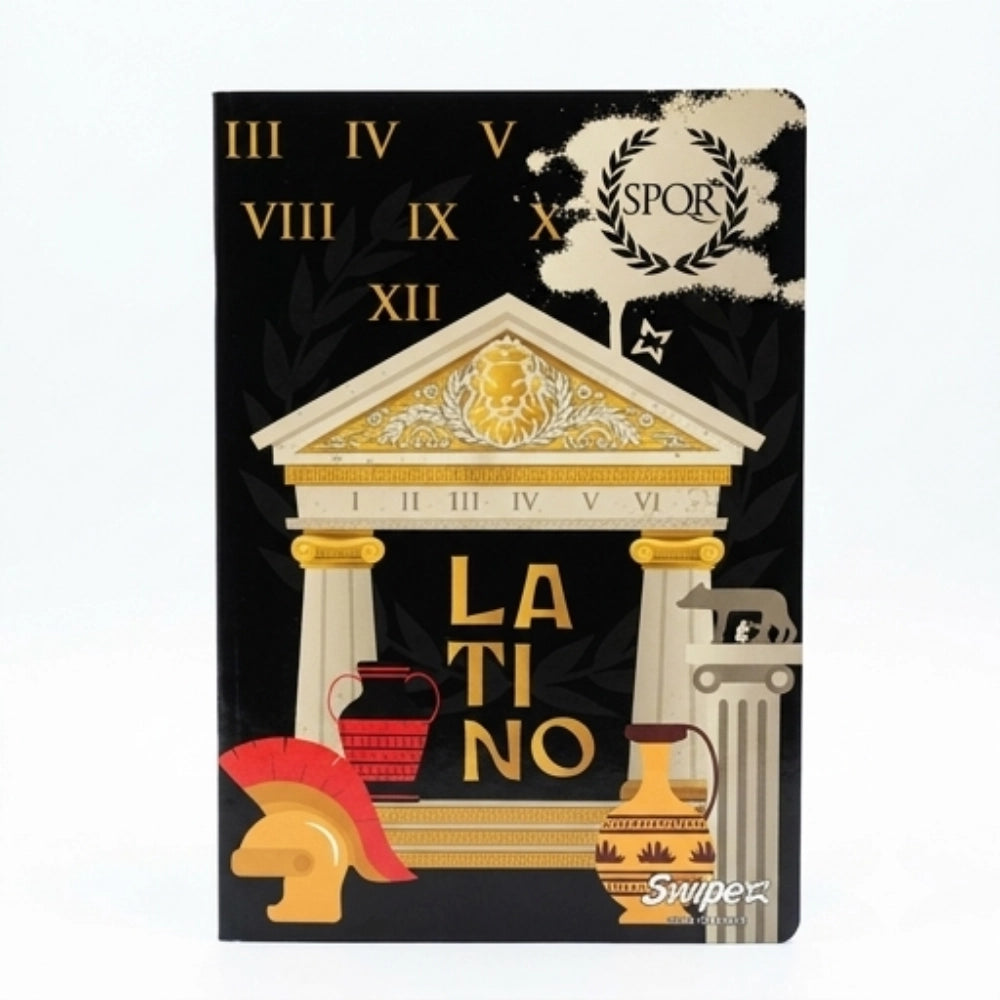 Quaderno Swipe Latino Maxi A4 1 rigo senza margine – copertina nera con tempio romano, elmo e scritta SPQR