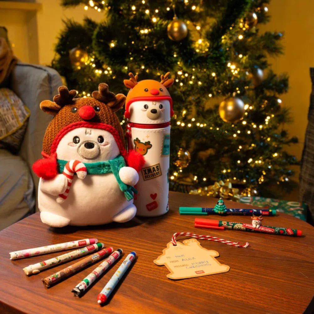 Penne gel Legami Jingle All the Way con orso polare e pinguino su un quaderno, accessori non inclusi
