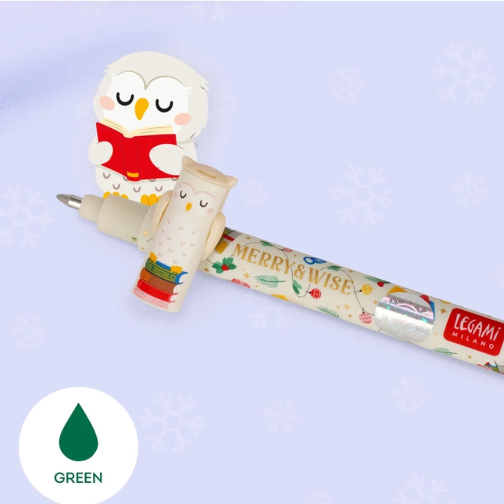 Mini penna cancellabile Legami Dream Peaks civetta con inchiostro verde e decorazioni natalizie
