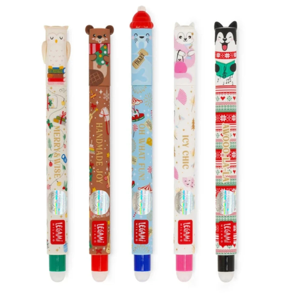 Mini penna cancellabile Legami Dream Peaks husky con inchiostro nero e decorazioni rosse e verdi
