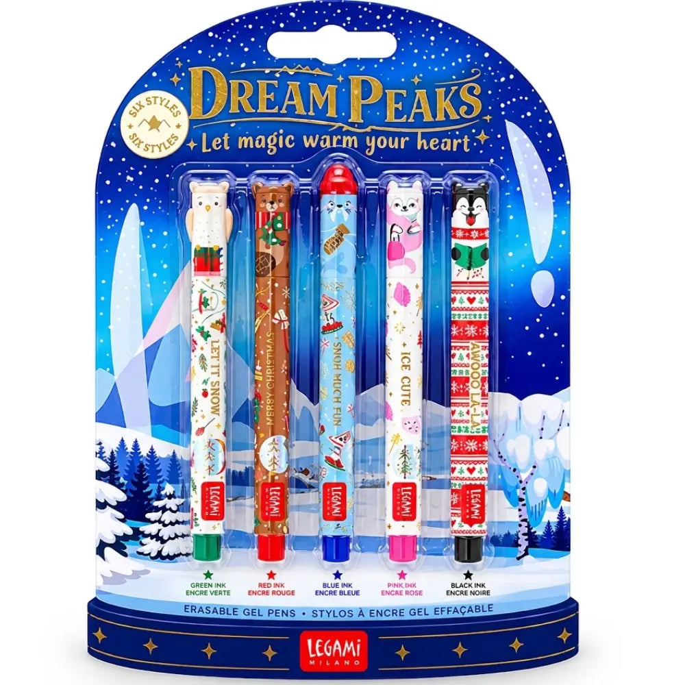 Confezione del set di 5 mini penne cancellabili Legami Dream Peaks Natale con cinque personaggi
