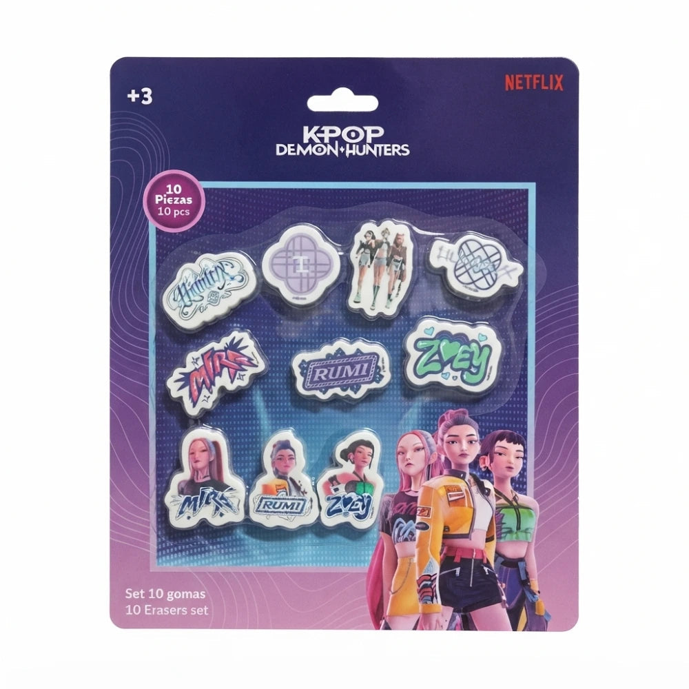 Set 10 Gomme Sagomate K-Pop Demon Hunters Huntrix Safta - confezione completa con personaggi Rumi Mira Zoey e loghi