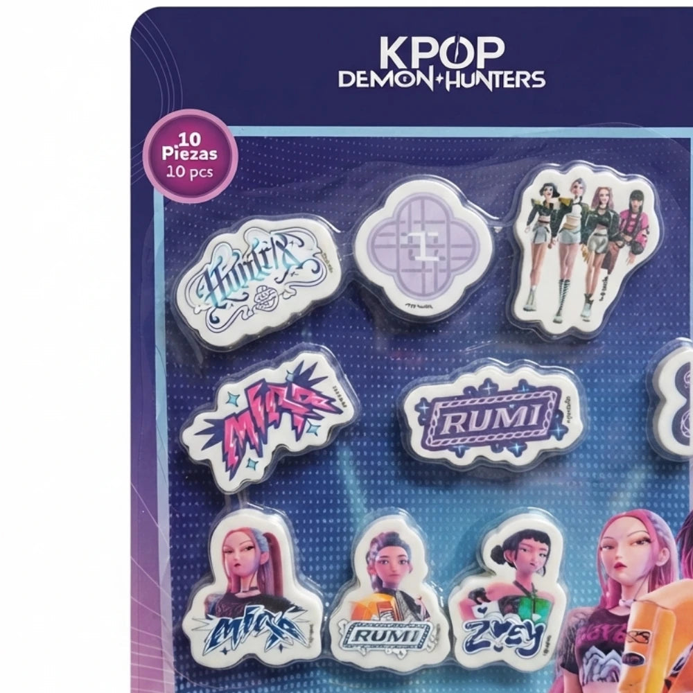 Set 10 Gomme Sagomate K-Pop Demon Hunters Huntrix Safta - dettaglio gomme sagomate con logo Huntrix Rumi Mira Zoey