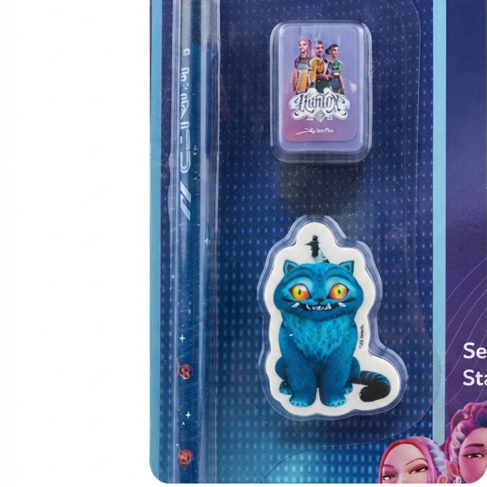 Set Cartoleria 5 Pezzi K-Pop Demon Hunters Huntrix Safta - dettaglio temperino con grafica Huntrix e gomma sagomata gatto blu