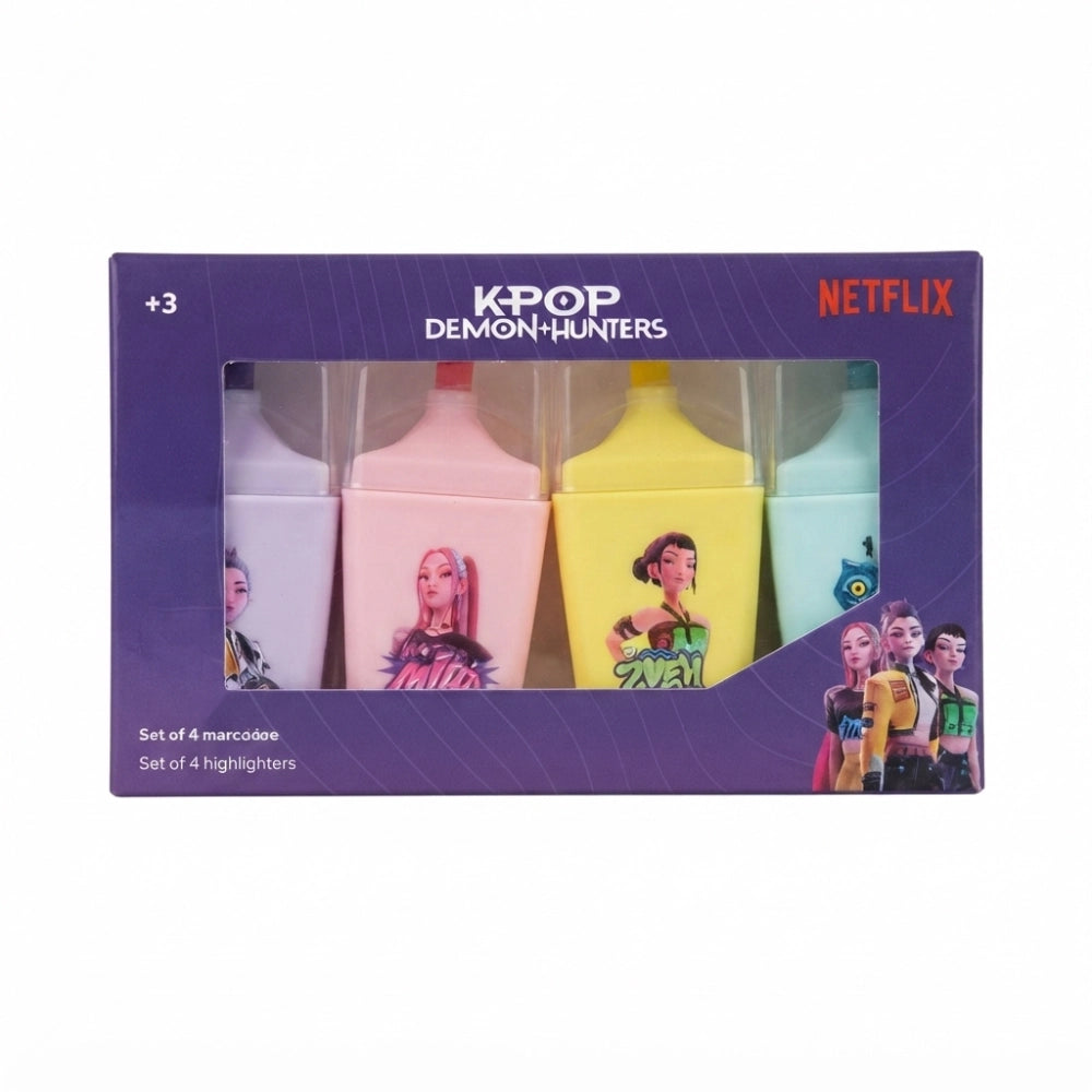 Set 4 Evidenziatori Pastello K-Pop Demon Hunters Huntrix Safta - confezione con Mira rosa Zoey giallo Rumi lilla e gatto blu celeste