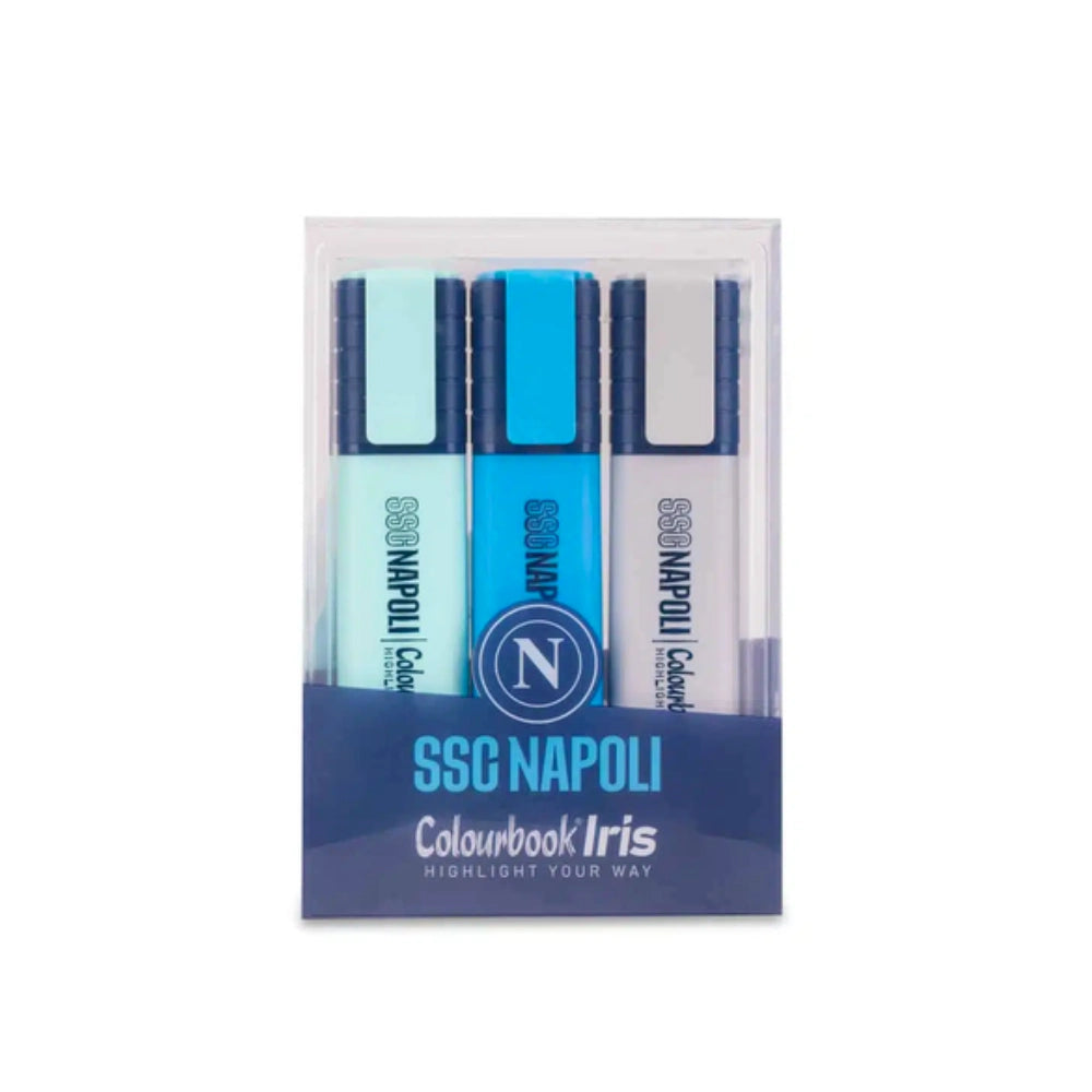 Set 3 evidenziatori SSC Napoli Colourbook Iris azzurro fluo azzurro pastel grigio vista frontale