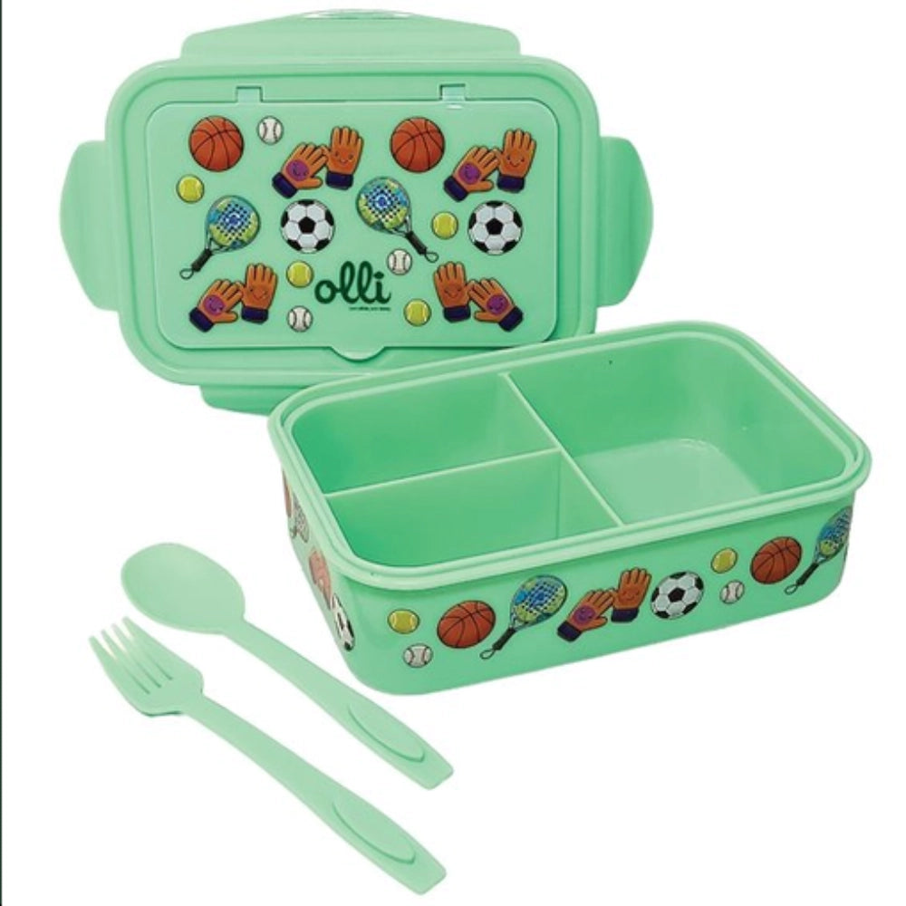 Set Pappa Olli Kids Sports aperto - 3 scomparti separati con cucchiaio e forchetta inclusi su fondo verde menta