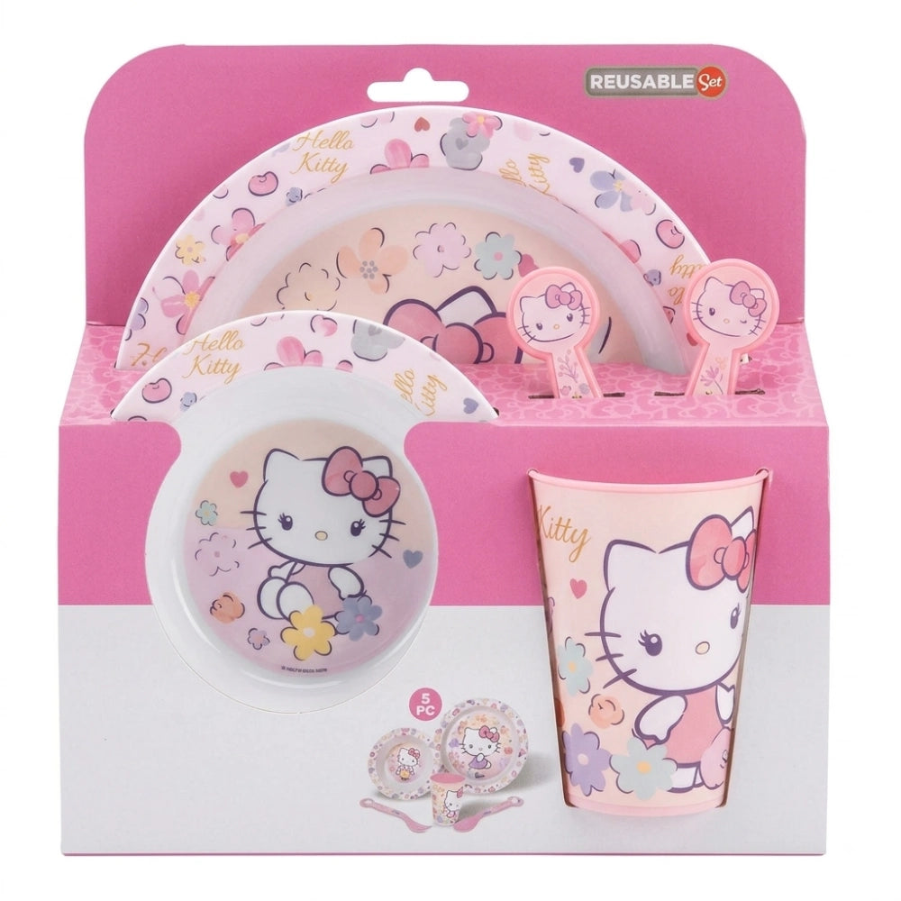 Set pappa Hello Kitty 5 pezzi completo – piatto piano, piatto fondo, bicchiere e 2 posate rosa