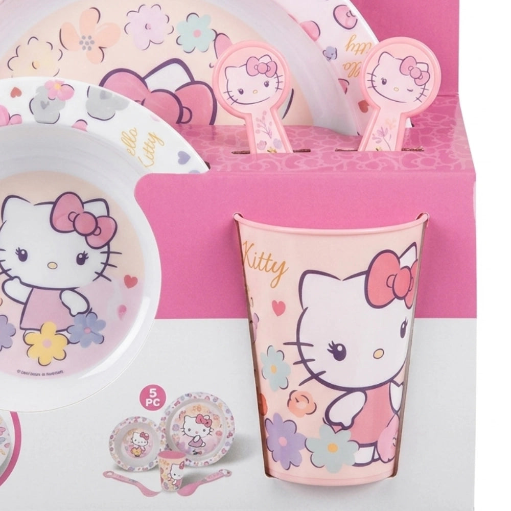 Set pappa Hello Kitty 5 pezzi – dettaglio piatto fondo e bicchiere con Hello Kitty fiori